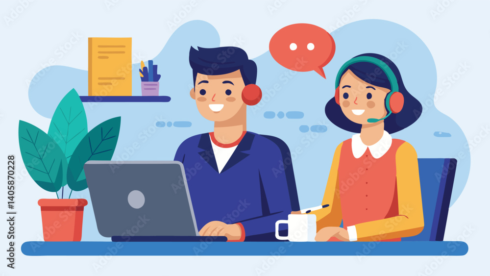 Customer service representatives collaborating in a friendly office atmosphere during business hours Customer service representatives collaborating in a friendly office atmosphere during business hours