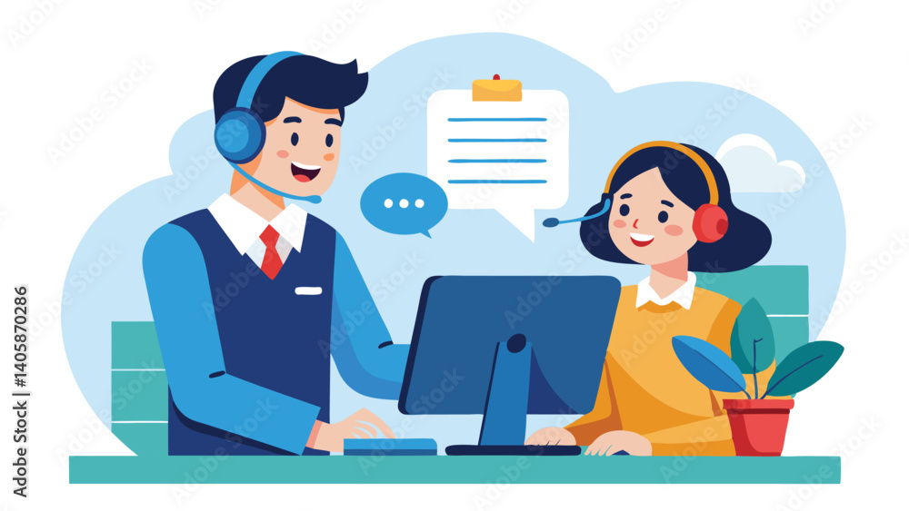 Customer service representatives collaborating in a friendly office atmosphere during business hours Customer service representatives collaborating in a friendly office atmosphere during business hours