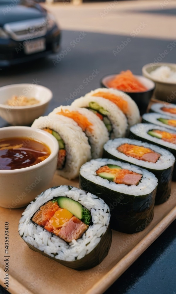 Delicious sushi rolls arranged beautifully on a wooden platter in a vibrant outdoor setting during lunchtime Delicious sushi rolls arranged beautifully on a wooden platter in a vibrant outdoor setting during lunchtime