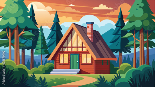 Cozy wooden cabin surrounded by tall pine trees in a vibrant forest setting with a bright blue sky and fluffy clouds during the day