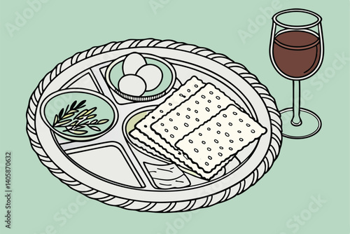 28 Passover Seder plate, ornate silver tray, Matzah, wine glass, Seder symbols, eggs, horseradish, soft teal background, traditional Jewish holiday celebration, high-resolution photography, studio lig