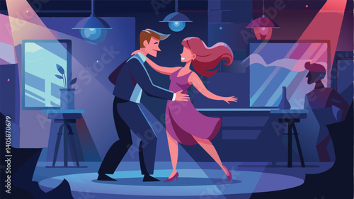 Couple dancing gracefully in a dimly lit room with colorful lights and a cozy atmosphere during a romantic evening