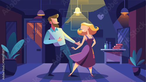 Couple dancing gracefully in a dimly lit room with colorful lights and a cozy atmosphere during a romantic evening