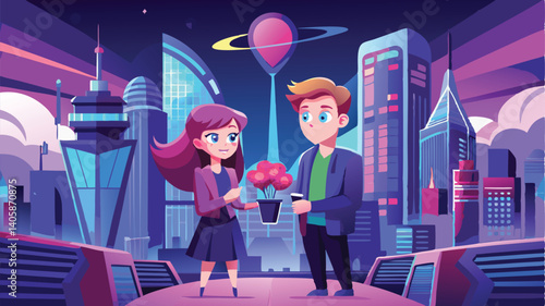 Couple sharing love in futuristic city surrounded by towering skyscrapers and vibrant planets, perfect for romance and adventure enthusiasts