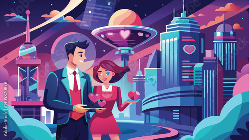 Couple sharing love in futuristic city surrounded by towering skyscrapers and vibrant planets, perfect for romance and adventure enthusiasts