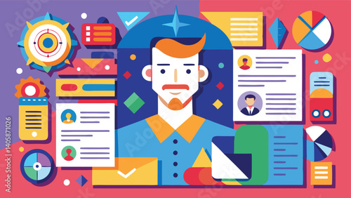 Digital worker analyzing data while surrounded by colorful charts and graphs in a modern workspace during daytime