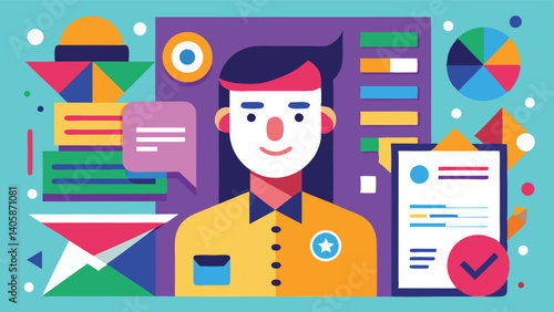 Digital worker analyzing data while surrounded by colorful charts and graphs in a modern workspace during daytime