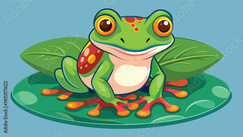 Colorful frog illustration sitting on a leaf in a vibrant blue background, showcasing a playful and cartoonish style perfect for children's art