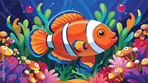 Colorful clownfish swimming among vibrant corals in a bright underwater ecosystem, showcasing the beauty of marine life in a lively environment