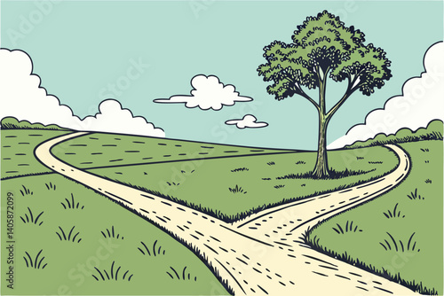 29 Forked road, green grass field, blue sky, fluffy white clouds, crossroads, decision point, diverging paths, horizon, vibrant landscape, symbolic imagery, life choices, journey metaphor, symmetrical