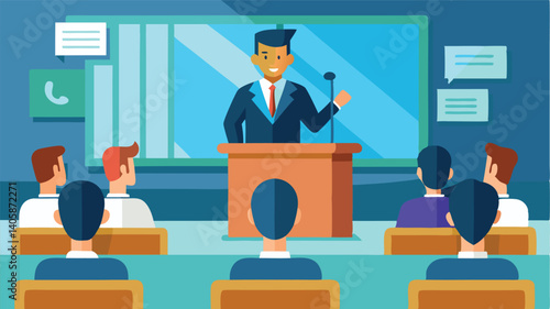 Professional speaker giving a presentation to engaged audience in a modern conference room setting with digital screens and various attendees