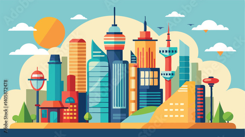 Colorful vector illustration of a modern city skyline featuring skyscrapers under a bright blue sky with clouds and a sun setting on the horizon
