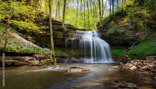Waterfall with Spring Flowers in a woodland Scene  Gibson County Indiana