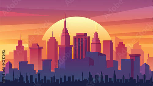 Vibrant sunset over a modern skyline showcasing tall buildings and architectural silhouettes in an urban setting