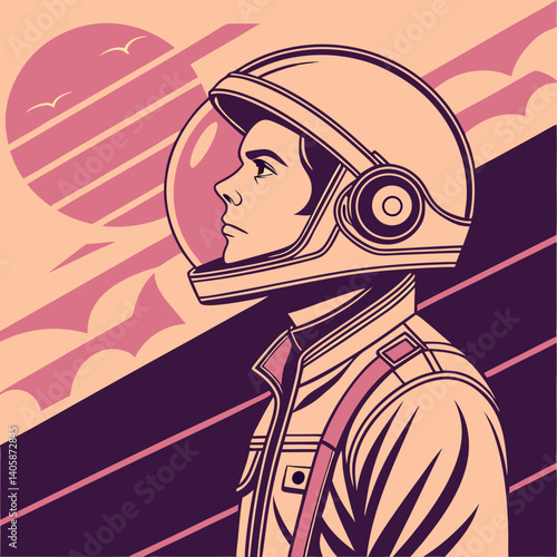 Retro sci-fi male portrait in vintage astronaut helmet with glowing visor, 1980s digital art vibe