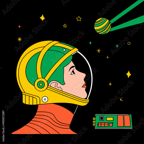 Retro sci-fi male portrait in vintage astronaut helmet with glowing visor, 1980s digital art vibe