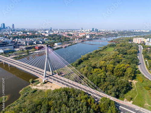 Obraz na płótnie Warszawa, widok na miasto z okolic mostu Świętokrzyskiego w salonie