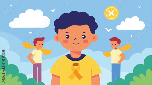 Illustration of children promoting awareness with yellow ribbons in a vibrant outdoor setting during the daytime