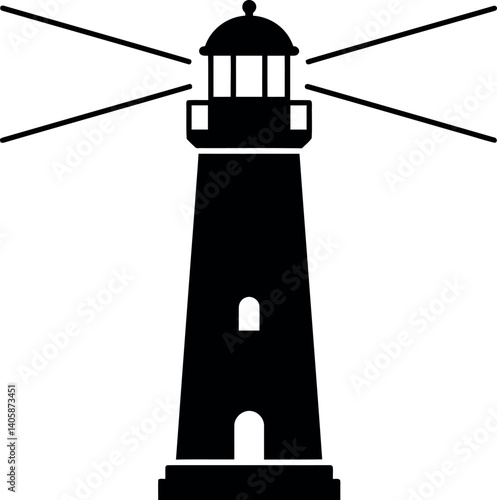 Black lighthouse standing tall against the horizon in minimal vector art