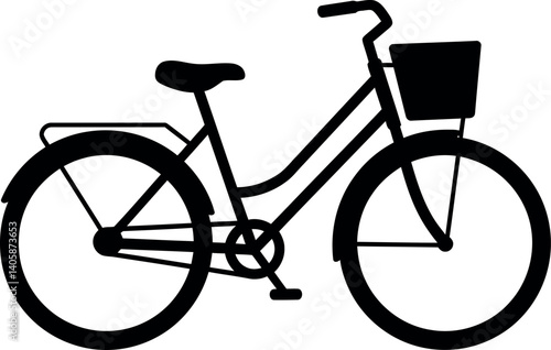 Classic black bicycle with a basket in a minimal flat design vector art
