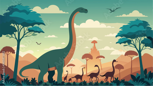 Diverse group of dinosaurs wandering through a vibrant prehistoric landscape during sunset with mountains in the background