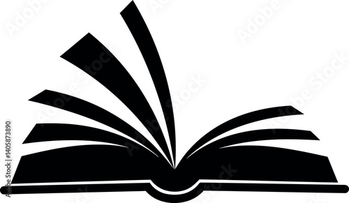 Open book with pages fanned out in a minimal black and white design, showcasing vector art
