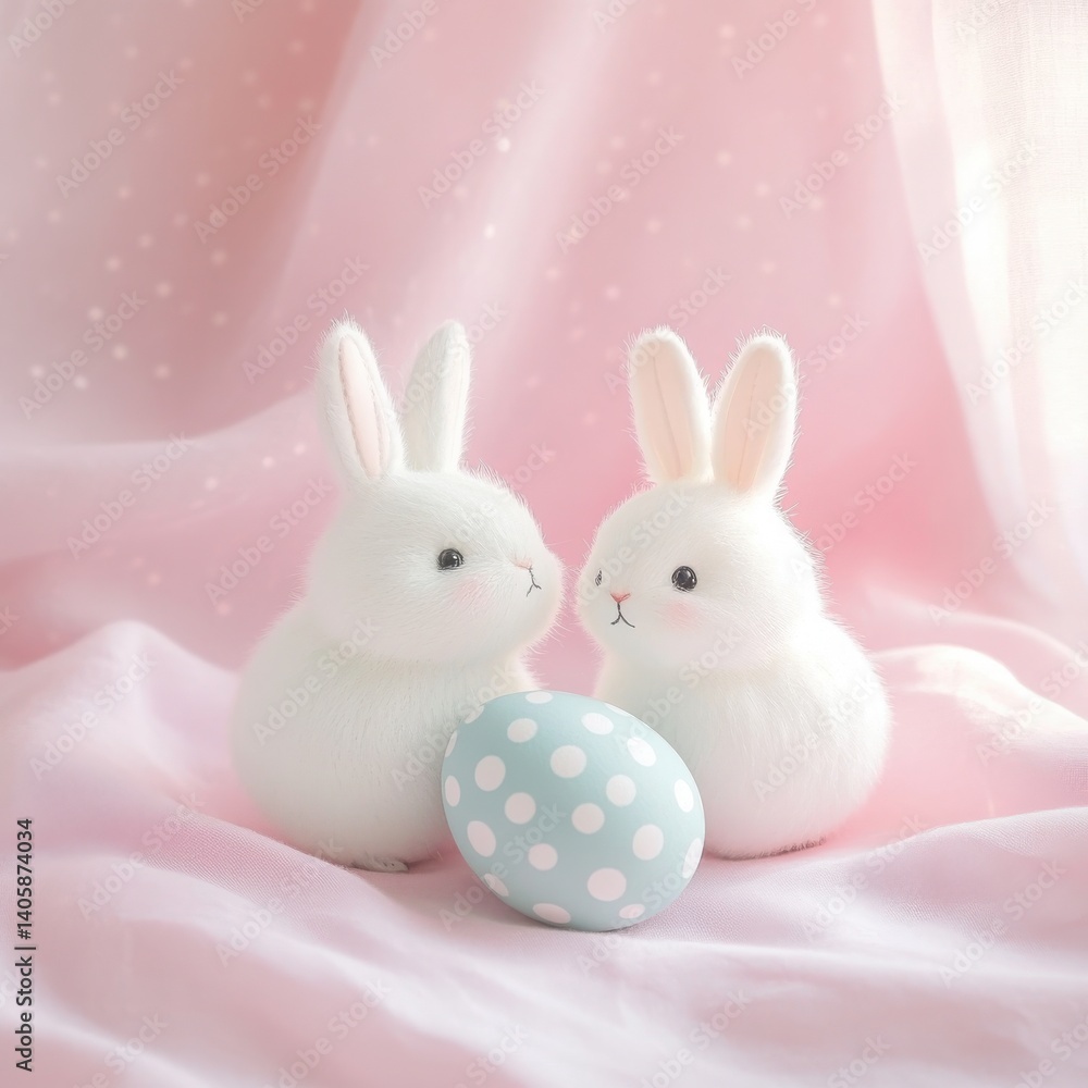 Two white bunny figurines with a polka dotted egg on a pink fabric Two white bunny figurines with a polka dotted egg on a pink fabric