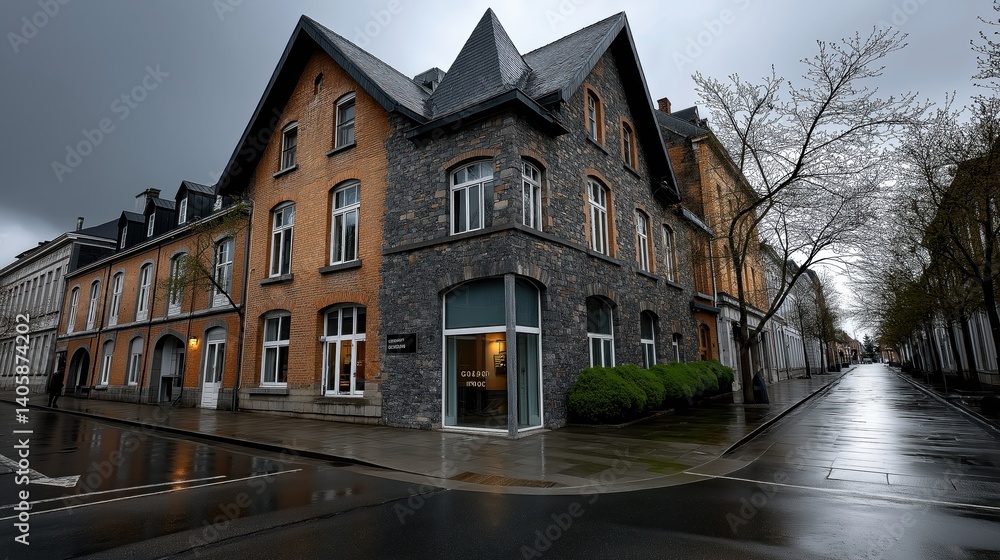 Fototapeta premium Beautiful commercial building in central town showcasing unique architectural features and a dramatic sky