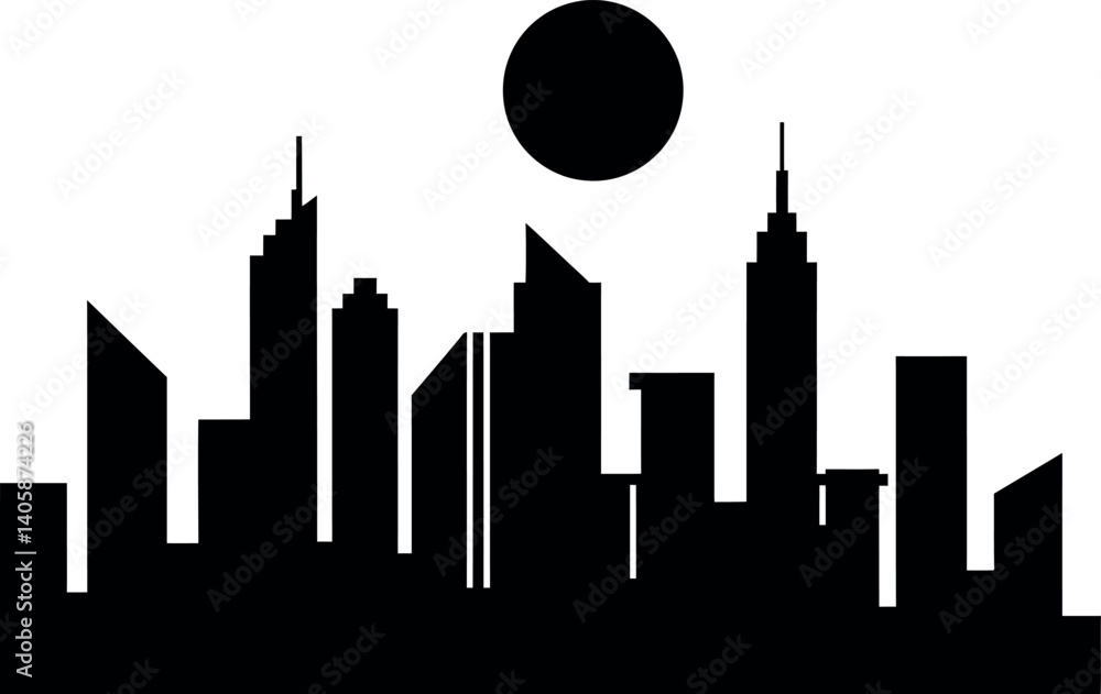 Naklejka premium Black silhouette of a modern city skyline at sunset in flat vector art