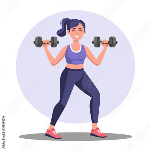 Fitness. Woman working out with dumbbells in the gym. Woman lifting weights during fitness exercise. Sports and lifestyle.