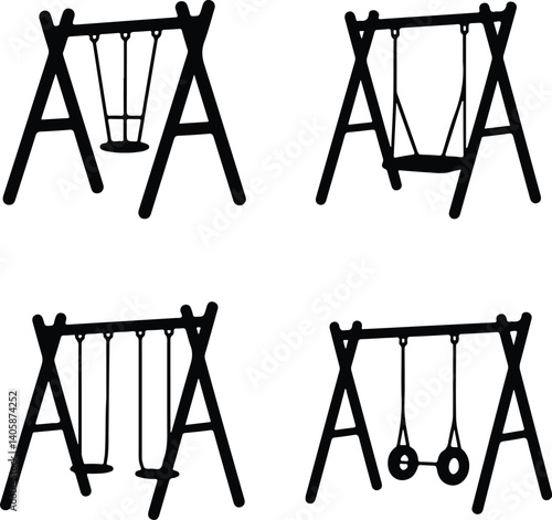 Swing Silhouette Set | Kids on Playground Vector Art Children Swinging Silhouette | Outdoor Play Icon Set