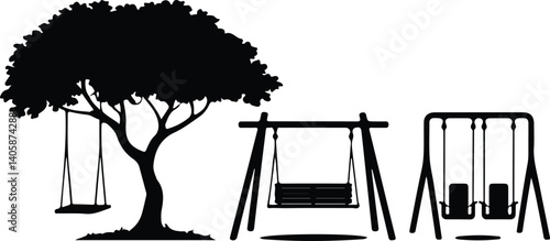 Swing Silhouette Set | Kids on Playground Vector Art Children Swinging Silhouette | Outdoor Play Icon Set