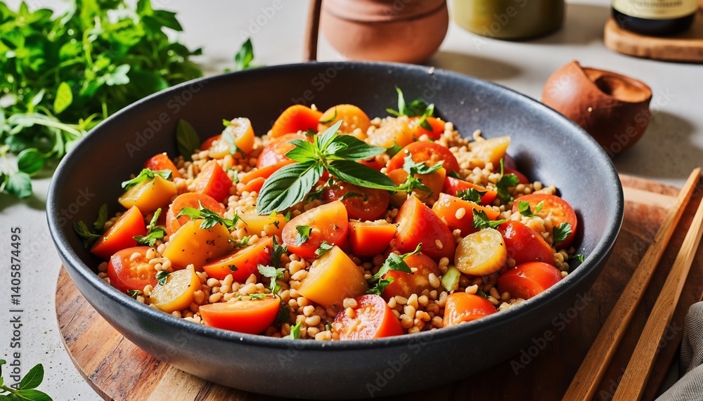 Vibrant Tomato and Barley Salad: A culinary masterpiece, featuring a colorful mix of ripe tomatoes and fluffy barley grains, adorned with fresh herbs, all presented in a sleek black bowl. Vibrant Tomato and Barley Salad: A culinary masterpiece, featuring a colorful mix of ripe tomatoes and fluffy barley grains, adorned with fresh herbs, all presented in a sleek black bowl.