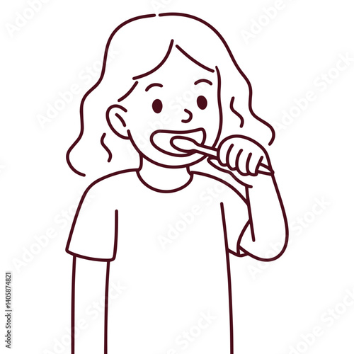 Line art illustration of young girl brushing teeth as part of morning dental care routine
