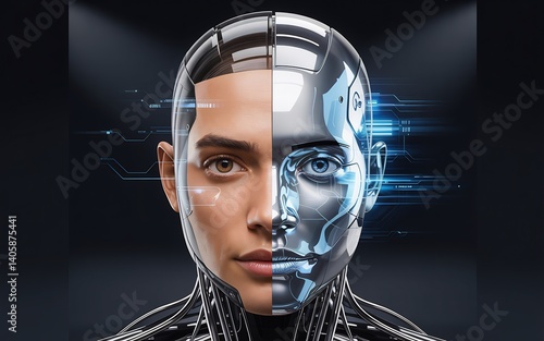 Half human and half robot face, a striking depiction of the convergence of humanity and technology. This artistic rendering showcases the fascinating blend of organic and artificial elements.