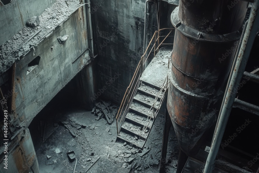 Obraz premium Eerie abandoned factory interior decaying staircase leading to unknown depths rusting industrial