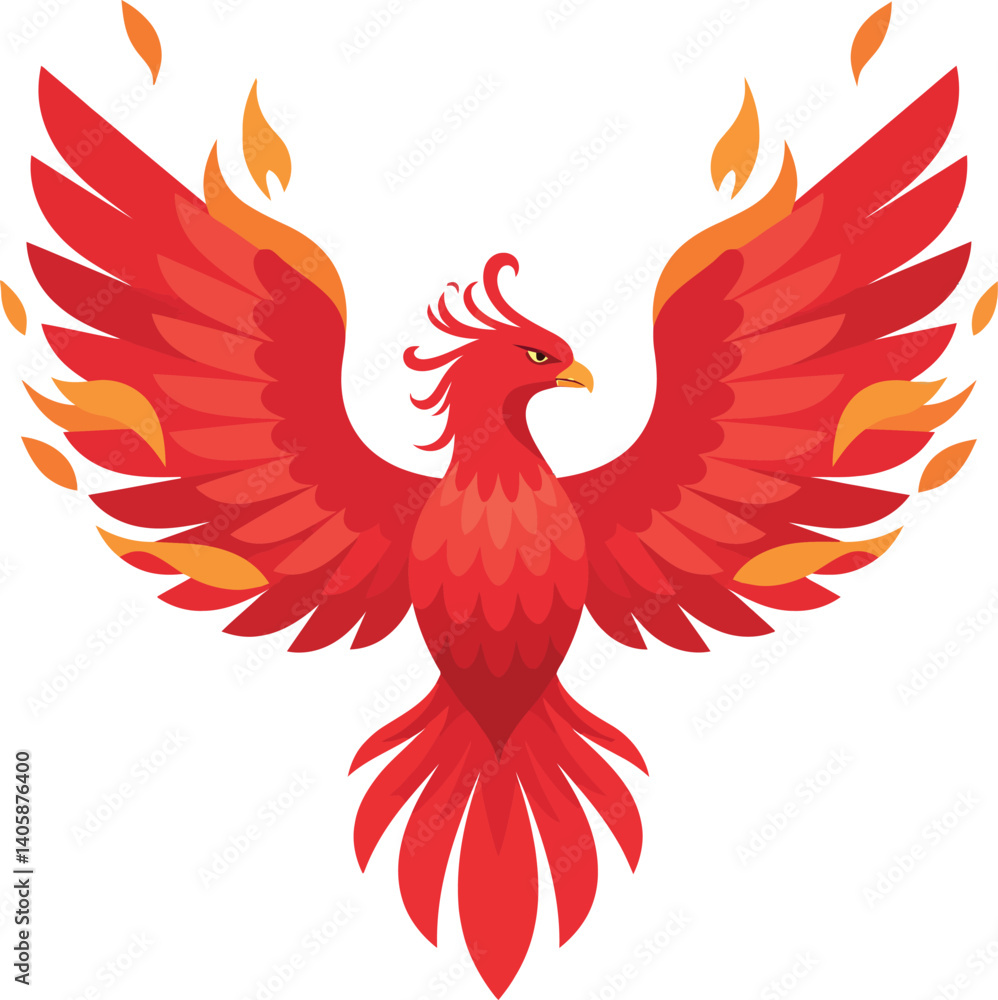 Fototapeta premium Majestic red phoenix rising with flames in a flat and vibrant vector art style