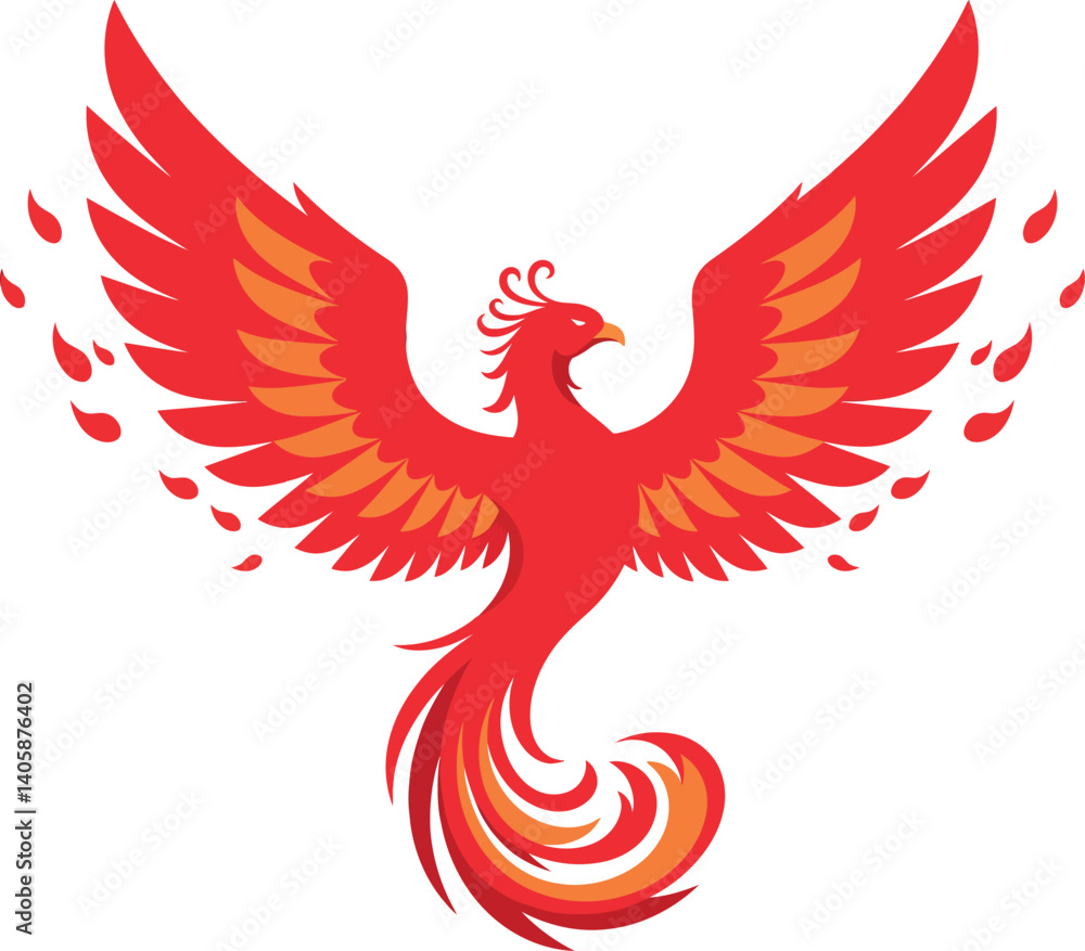 Obraz premium Majestic phoenix rising from flames in vibrant red and orange flat vector art
