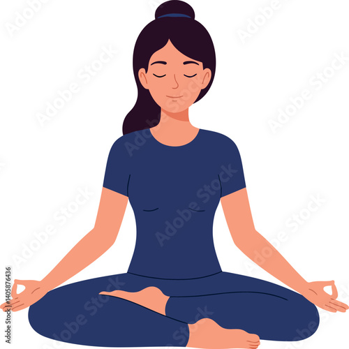Woman practicing meditation in a serene pose wearing comfortable clothing in flat vector art