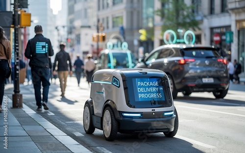 Wallpaper Mural An automated delivery robot driving along a city street with a message. A car and several people are in the scene, blurred background. The robot looks to be in progress Torontodigital.ca