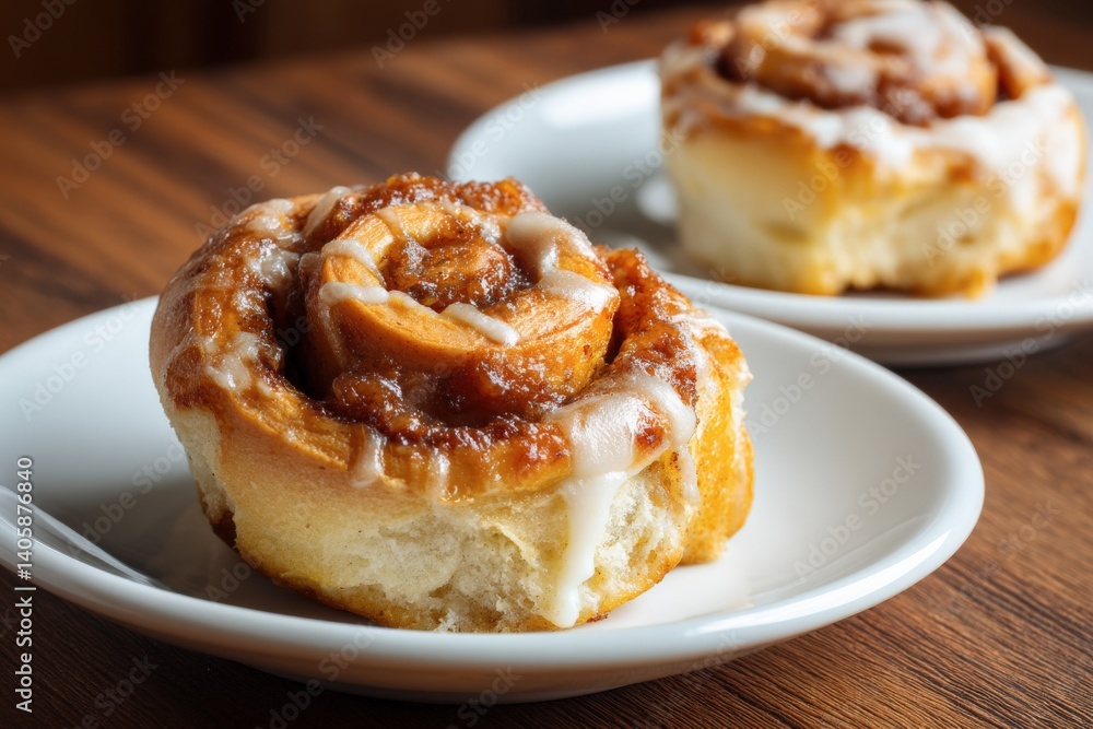 Freshly baked cinnamon roll with icing on a white plate, rich in texture and sweetness.