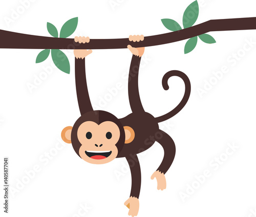 Cute monkey hanging upside down from a branch in flat vector art style