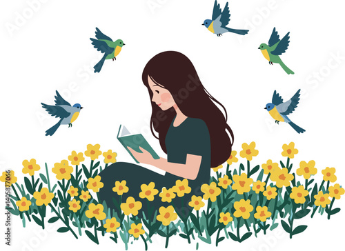 Girl reading a book surrounded by blooming yellow flowers and flying birds in flat vector art