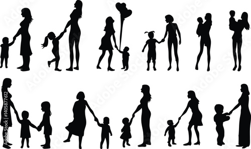 set of silhouettes of mothers with their children on a white background, silhouettes of women and child