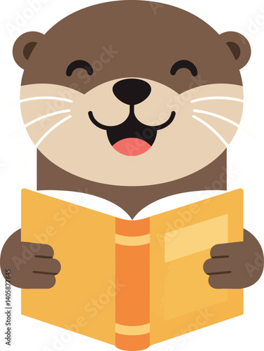 Happy cartoon otter reading a yellow book in a playful flat vector illustration