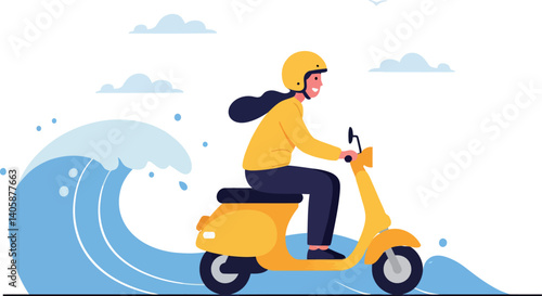 A woman riding a yellow scooter alongside crashing ocean waves in a flat vector illustration