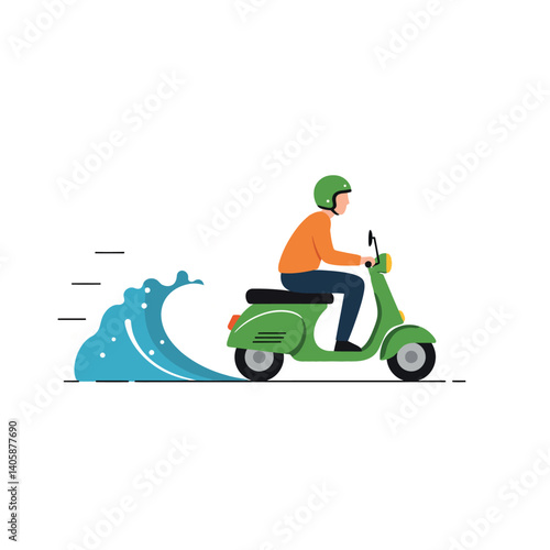 A person riding a green scooter with a splash of water in a flat vector illustration