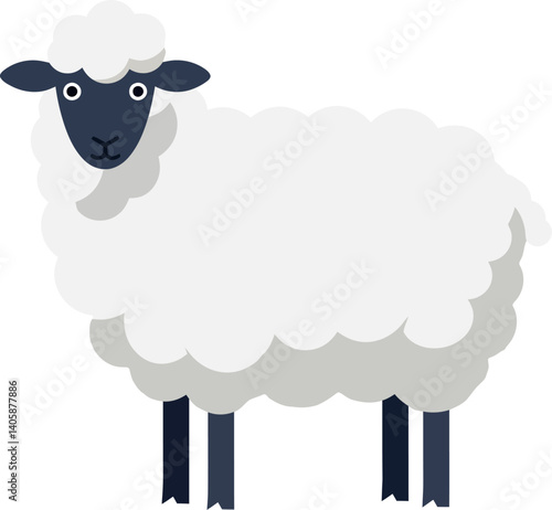 Cute sheep standing on four legs with fluffy white wool in a flat vector illustration