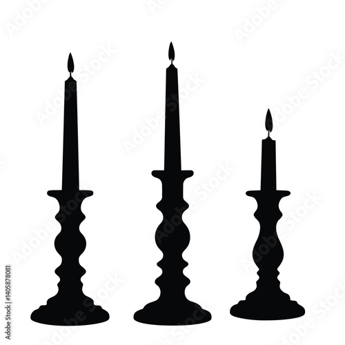 Three Burning Candles In Elegant Candlesticks Black Silhouettes On White Background