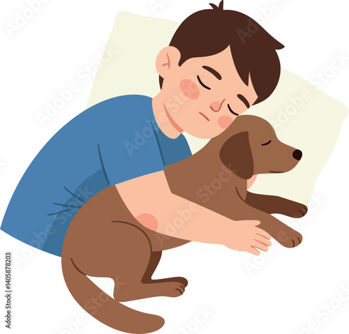 A young boy peacefully sleeping while cuddling his brown dog in minimal vector illustration